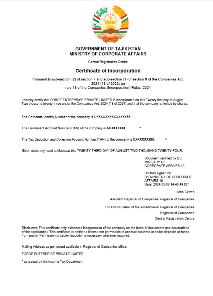 Tajikistan business registration certificate Word and PDF template (1)